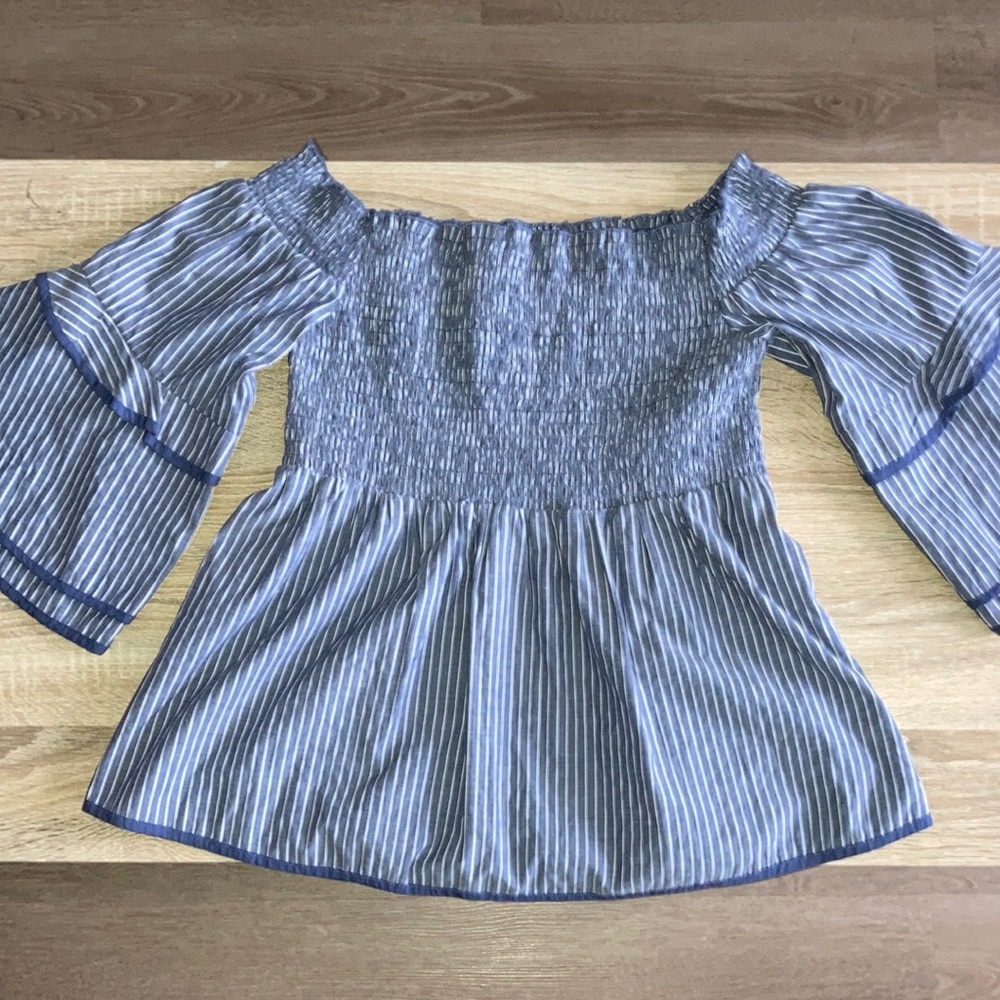 American Eagle Off Shoulder Blue Striped Blouse